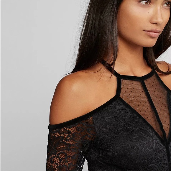 Express sheath cold shoulder velvet mesh dot dress - Picture 3 of 6